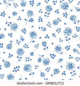 Seamless floral background with small roses and leaves. Ornamental ditsy pattern for print onto fabric, wallpaper, digital paper, fills, etc.