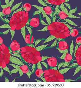 Seamless floral background with spring flowers of peony. Hand drawn vector illustration.