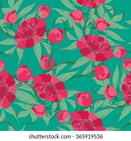 Seamless floral background with spring flowers of peony. Hand drawn vector illustration.