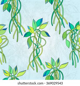 Seamless floral background with stems and buds of Tradescantia. Hand-drawn pattern. Perfect for greetings, invitations, manufacture wrapping paper, textile, web design.