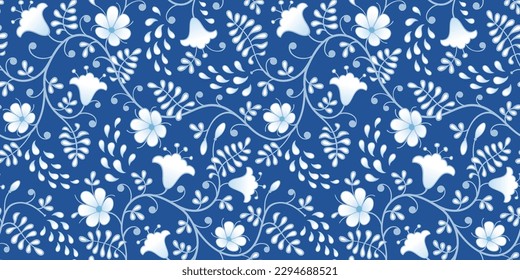 Seamless floral background with stylized flowering branches. Ornamental blue and white pattern.