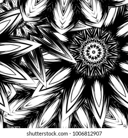Seamless floral background. Tracery handmade nature ethnic fabric backdrop pattern with saturated dark flowers. Textile design texture. Decorative binary monochrome black and white art. Vector