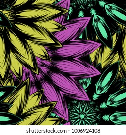 Seamless floral background. Tracery handmade nature ethnic fabric backdrop pattern with flowers. Textile design texture. Decorative color art. Vector