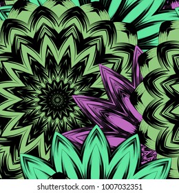 Seamless floral background. Tracery handmade nature ethnic fabric backdrop pattern with flowers. Textile design texture. Decorative color art. Vector