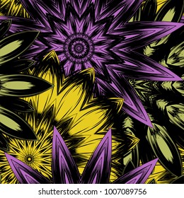 Seamless floral background. Tracery handmade nature ethnic fabric backdrop pattern with flowers. Textile design texture. Decorative color art. Vector