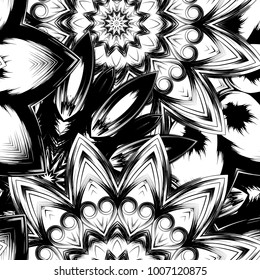Seamless floral background. Tracery handmade nature ethnic fabric backdrop pattern with saturated dark flowers. Textile design texture. Decorative binary monochrome black and white art. Vector