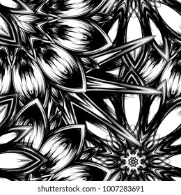 Seamless floral background. Tracery handmade nature ethnic fabric backdrop pattern with saturated dark flowers. Textile design texture. Decorative binary monochrome black and white art. Vector