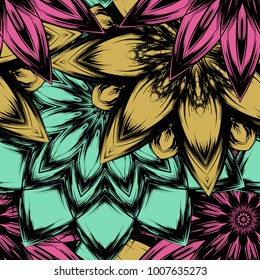 Seamless floral background. Tracery handmade nature ethnic fabric backdrop pattern with flowers. Textile design texture. Decorative color art. Vector