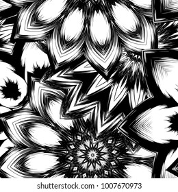 Seamless floral background. Tracery handmade nature ethnic fabric backdrop pattern with saturated dark flowers. Textile design texture. Decorative binary monochrome black and white art. Vector