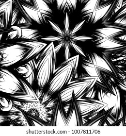 Seamless floral background. Tracery handmade nature ethnic fabric backdrop pattern with saturated dark flowers. Textile design texture. Decorative binary monochrome black and white art. Vector