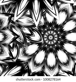 Seamless floral background. Tracery handmade nature ethnic fabric backdrop pattern with saturated dark flowers. Textile design texture. Decorative binary monochrome black and white art. Vector