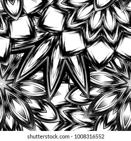 Seamless floral background. Tracery handmade nature ethnic fabric backdrop pattern with saturated dark flowers. Textile design texture. Decorative binary monochrome black and white art. Vector