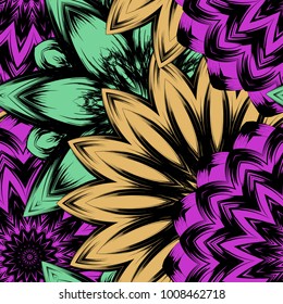 Seamless floral background. Tracery handmade nature ethnic fabric backdrop pattern with flowers. Textile design texture. Decorative color art. Vector