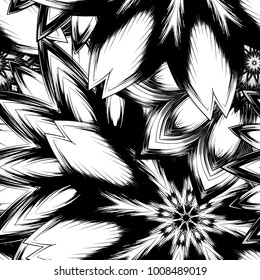 Seamless floral background. Tracery handmade nature ethnic fabric backdrop pattern with saturated dark flowers. Textile design texture. Decorative binary monochrome black and white art. Vector