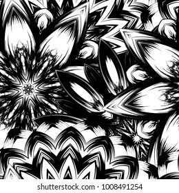 Seamless floral background. Tracery handmade nature ethnic fabric backdrop pattern with saturated dark flowers. Textile design texture. Decorative binary monochrome black and white art. Vector