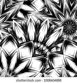 Seamless floral background. Tracery handmade nature ethnic fabric backdrop pattern with saturated dark flowers. Textile design texture. Decorative binary monochrome black and white art. Vector