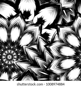 Seamless floral background. Tracery handmade nature ethnic fabric backdrop pattern with saturated dark flowers. Textile design texture. Decorative binary monochrome black and white art. Vector
