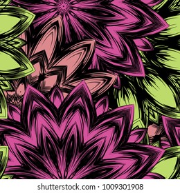 Seamless floral background. Tracery handmade nature ethnic fabric backdrop pattern with flowers. Textile design texture. Decorative color art. Vector