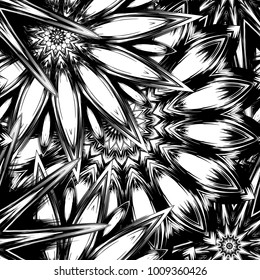 Seamless floral background. Tracery handmade nature ethnic fabric backdrop pattern with saturated dark flowers. Textile design texture. Decorative binary monochrome black and white art. Vector
