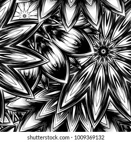 Seamless floral background. Tracery handmade nature ethnic fabric backdrop pattern with saturated dark flowers. Textile design texture. Decorative binary monochrome black and white art. Vector