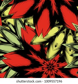 Seamless floral background. Tracery handmade nature ethnic fabric backdrop pattern with flowers. Textile design texture. Decorative color art. Vector