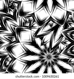 Seamless floral background. Tracery handmade nature ethnic fabric backdrop pattern with saturated dark flowers. Textile design texture. Decorative binary monochrome black and white art. Vector