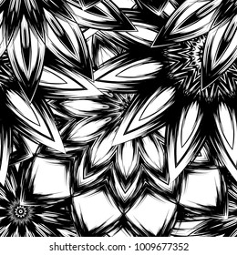 Seamless floral background. Tracery handmade nature ethnic fabric backdrop pattern with saturated dark flowers. Textile design texture. Decorative binary monochrome black and white art. Vector