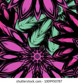 Seamless floral background. Tracery handmade nature ethnic fabric backdrop pattern with flowers. Textile design texture. Decorative color art. Vector