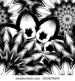 Seamless floral background. Tracery handmade nature ethnic fabric backdrop pattern with saturated dark flowers. Textile design texture. Decorative binary monochrome black and white art. Vector