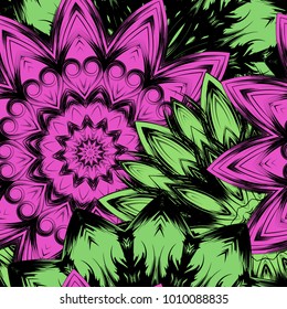 Seamless floral background. Tracery handmade nature ethnic fabric backdrop pattern with flowers. Textile design texture. Decorative color art. Vector