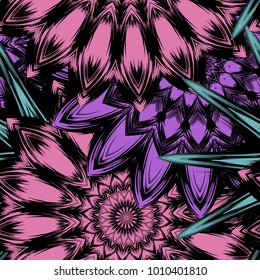 Seamless floral background. Tracery handmade nature ethnic fabric backdrop pattern with flowers. Textile design texture. Decorative color art. Vector