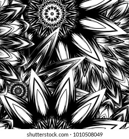 Seamless floral background. Tracery handmade nature ethnic fabric backdrop pattern with saturated dark flowers. Textile design texture. Decorative binary monochrome black and white art. Vector