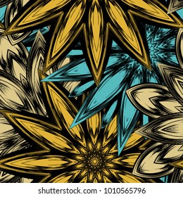 Seamless floral background. Tracery handmade nature ethnic fabric backdrop pattern with flowers. Textile design texture. Decorative color art. Vector