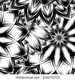 Seamless floral background. Tracery handmade nature ethnic fabric backdrop pattern with saturated dark flowers. Textile design texture. Decorative binary monochrome black and white art. Vector