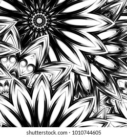 Seamless floral background. Tracery handmade nature ethnic fabric backdrop pattern with saturated dark flowers. Textile design texture. Decorative binary monochrome black and white art. Vector