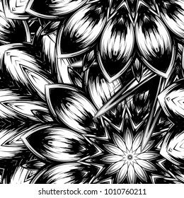 Seamless floral background. Tracery handmade nature ethnic fabric backdrop pattern with saturated dark flowers. Textile design texture. Decorative binary monochrome black and white art. Vector