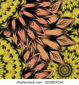 Seamless floral background. Tracery handmade nature ethnic fabric backdrop pattern with flowers. Textile design texture. Decorative color art. Vector