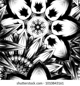 Seamless floral background. Tracery handmade nature ethnic fabric backdrop pattern with saturated dark flowers. Textile design texture. Decorative binary monochrome black and white art. Vector