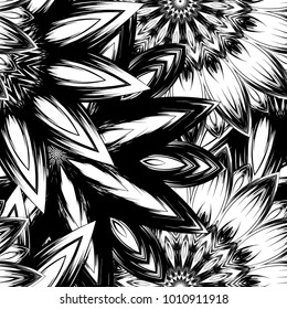 Seamless floral background. Tracery handmade nature ethnic fabric backdrop pattern with saturated dark flowers. Textile design texture. Decorative binary monochrome black and white art. Vector