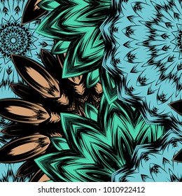 Seamless floral background. Tracery handmade nature ethnic fabric backdrop pattern with flowers. Textile design texture. Decorative color art. Vector