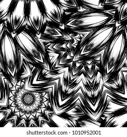 Seamless floral background. Tracery handmade nature ethnic fabric backdrop pattern with saturated dark flowers. Textile design texture. Decorative binary monochrome black and white art. Vector