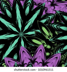 Seamless floral background. Tracery handmade nature ethnic fabric backdrop pattern with flowers. Textile design texture. Decorative color art. Vector