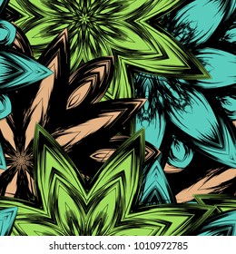 Seamless floral background. Tracery handmade nature ethnic fabric backdrop pattern with flowers. Textile design texture. Decorative color art. Vector
