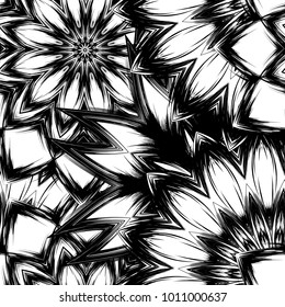 Seamless floral background. Tracery handmade nature ethnic fabric backdrop pattern with saturated dark flowers. Textile design texture. Decorative binary monochrome black and white art. Vector