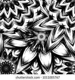 Seamless floral background. Tracery handmade nature ethnic fabric backdrop pattern with saturated dark flowers. Textile design texture. Decorative binary monochrome black and white art. Vector