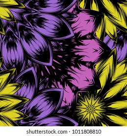 Seamless floral background. Tracery handmade nature ethnic fabric backdrop pattern with flowers. Textile design texture. Decorative color art. Vector