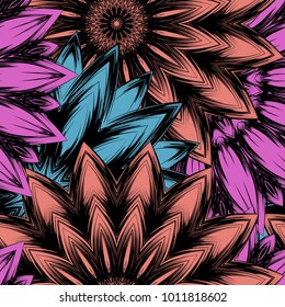 Seamless floral background. Tracery handmade nature ethnic fabric backdrop pattern with flowers. Textile design texture. Decorative color art. Vector