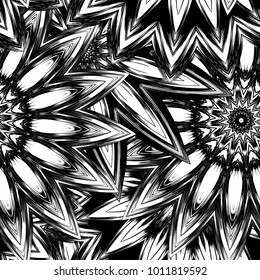 Seamless floral background. Tracery handmade nature ethnic fabric backdrop pattern with saturated dark flowers. Textile design texture. Decorative binary monochrome black and white art. Vector