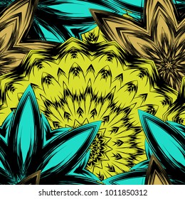 Seamless floral background. Tracery handmade nature ethnic fabric backdrop pattern with flowers. Textile design texture. Decorative color art. Vector