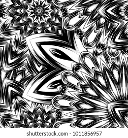 Seamless floral background. Tracery handmade nature ethnic fabric backdrop pattern with saturated dark flowers. Textile design texture. Decorative binary monochrome black and white art. Vector